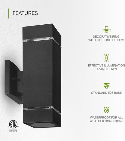 ASD 2 Light Square Outdoor Wall Light Fixture | 120W E26 Bulb Socket 120V ETL Cylinder Up Down Lights | LED/CFL/Incandescent Bulb Exterior Wall Sconce | Front Door, Porch Patio | Ringed Black, 6 Pack