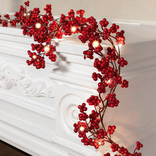 Syhood Christmas Berry String Garland with Lights Thanksgiving Artificial Lighted Garland for Home Xmas Winter Tree Decor Office Fireplace Mantel Decoration Holiday Valentines, 6 Ft (Red,1 Pc)