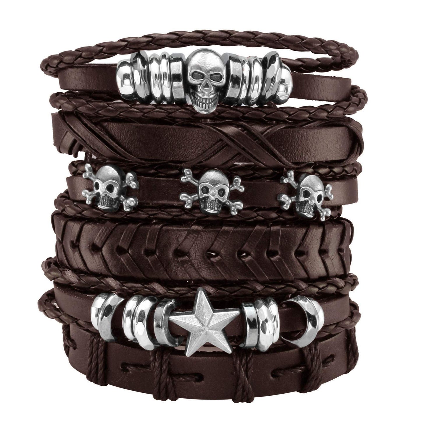 Eigso 6 Pcs Leather Bracelet Braided Wide Wristband Women Men Punk Rock Jewelry Skull