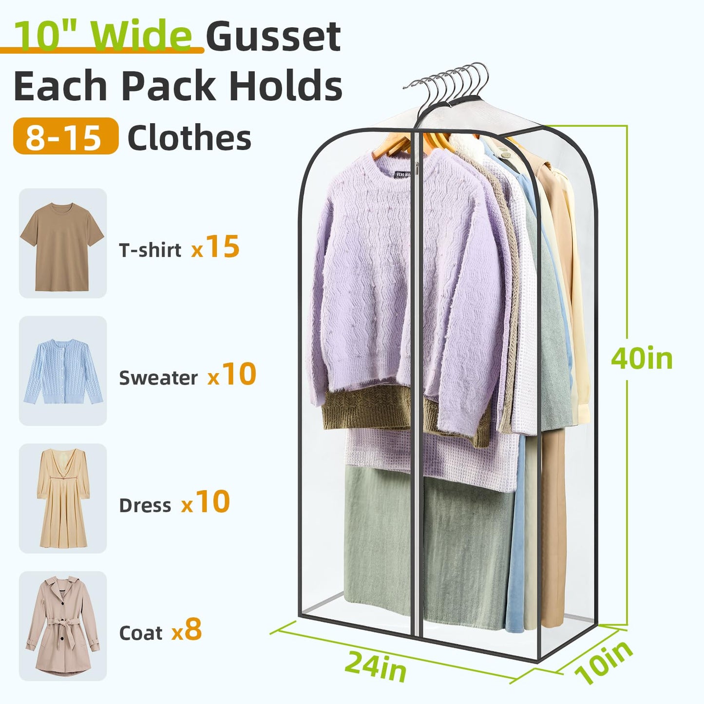 LANDNEOO 6 Pack Clear Garment Bags for Hanging Clothes with Zippers on Double Sides - 10'' Clothes Storage for Coat, Dress, and Fur in Closet - 40'' Long Suit Bags