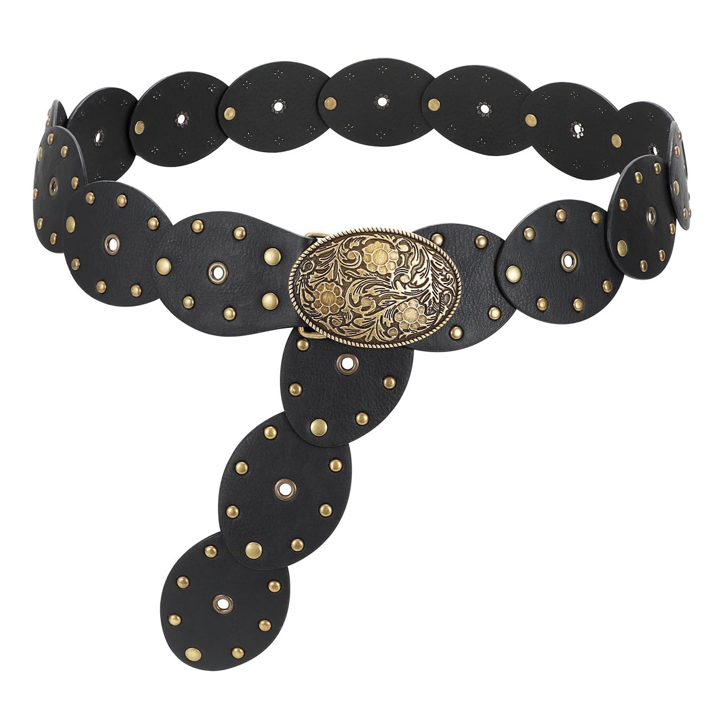 LEACOOLKEY Hollow Disc Belt Western Leather Belt Boho Concho Belt Vintage Waist Belt for Women