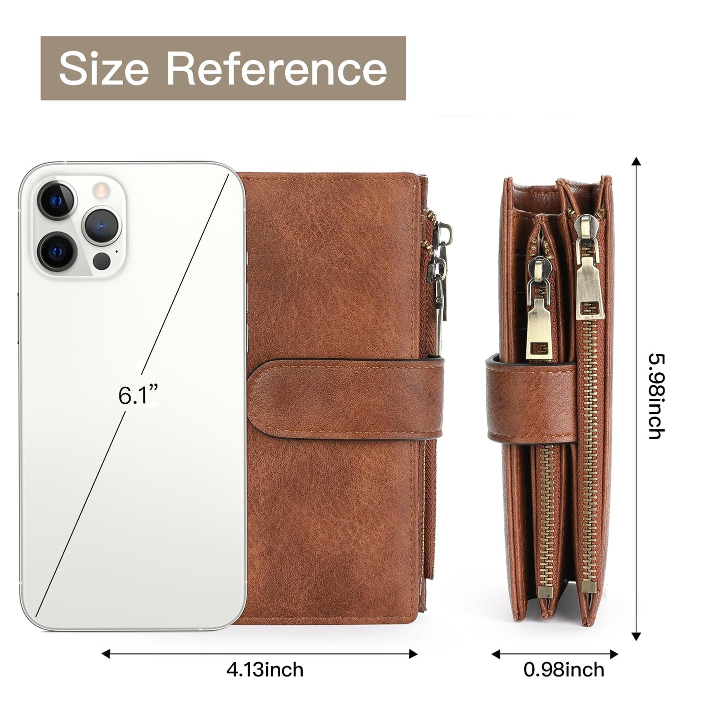 GOIACII Womens Wallets RFID Blocking Leather Trifold Clutch Wallet Credit Card Holder Ladies Purse 3 ID Windows Brown