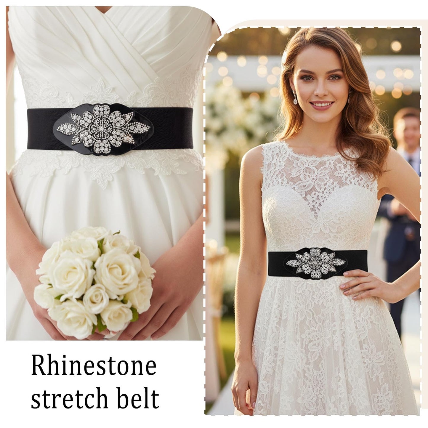 Wriidy Black Stretch Belt Rhinestone Flower Wide Women Belts Crystal Fashion Large Waist Belt for Dress