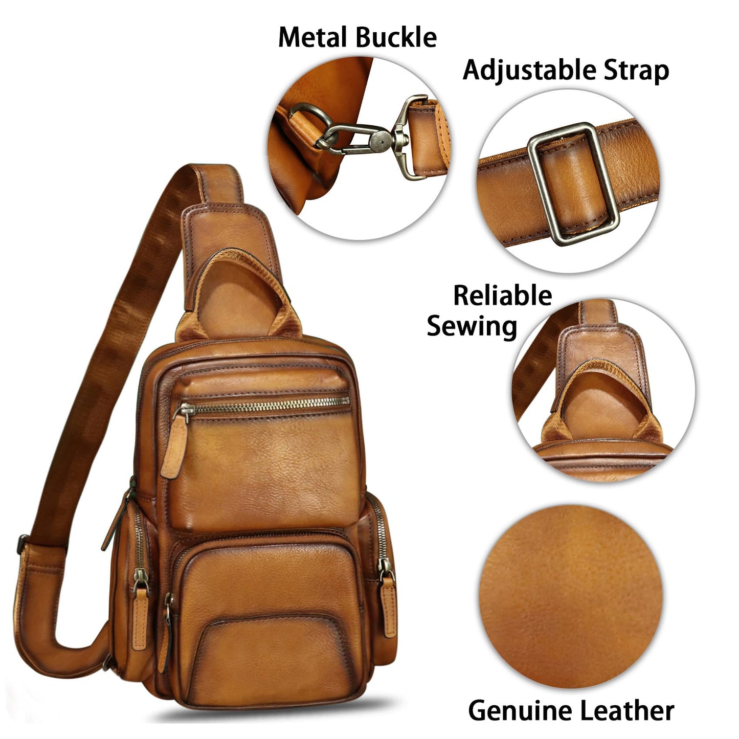 LRTO Genuine Leather Sling Bag for Men and Women Vintage Leather Sling Backpack Purse Chest Bag Over Shoulder Crossbody Bag (Brown)