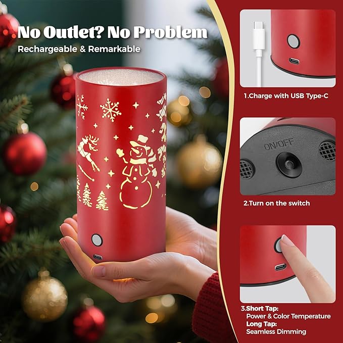 Christmas Table Lamp with Hollow-Out Design - Rechargeable Touch Control Dual Color LED, Warm/Cool White Metal Decor for Home Desk Party, 1200mAh Battery - 2pack(Red)