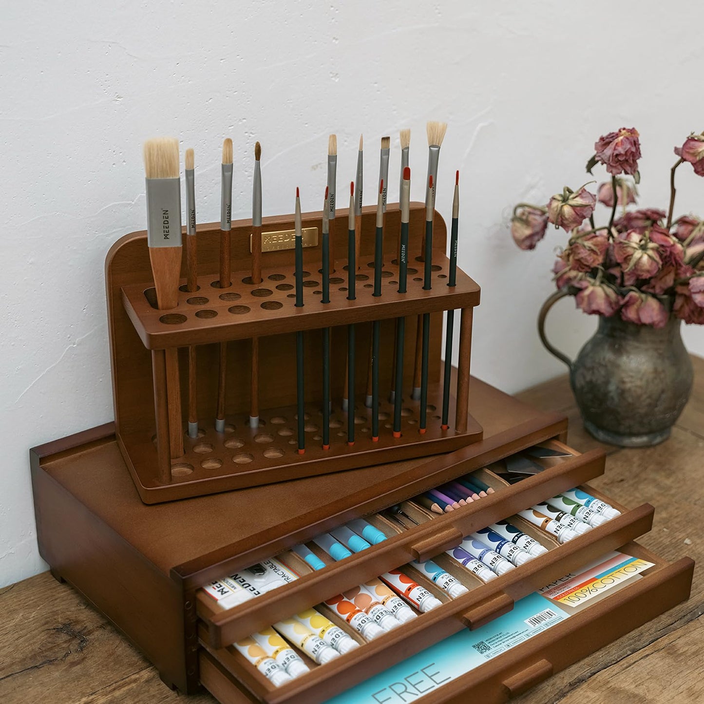 MEEDEN PRO Paint Brush Holder - Wooden Paints Brush Organizer - Paint Brushes Holder for Artist - Art Supply Storage for Desk, Arts and Crafts