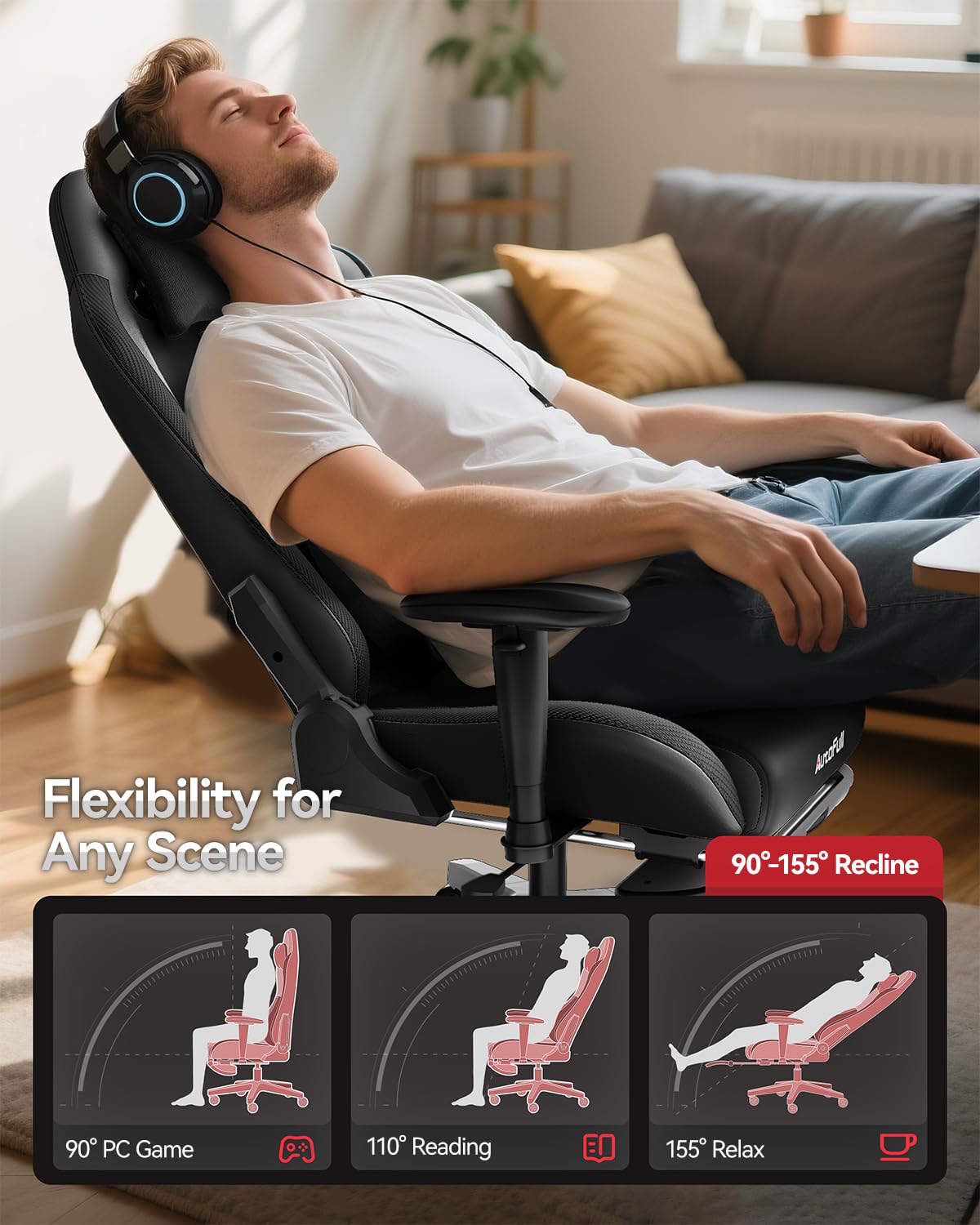 AutoFull C3 Gaming Chair, Racing Style Gaming Chair with Ergonomic Lumbar Support,Adjustable High Back PU Leather PC Chair with Footrest,Black