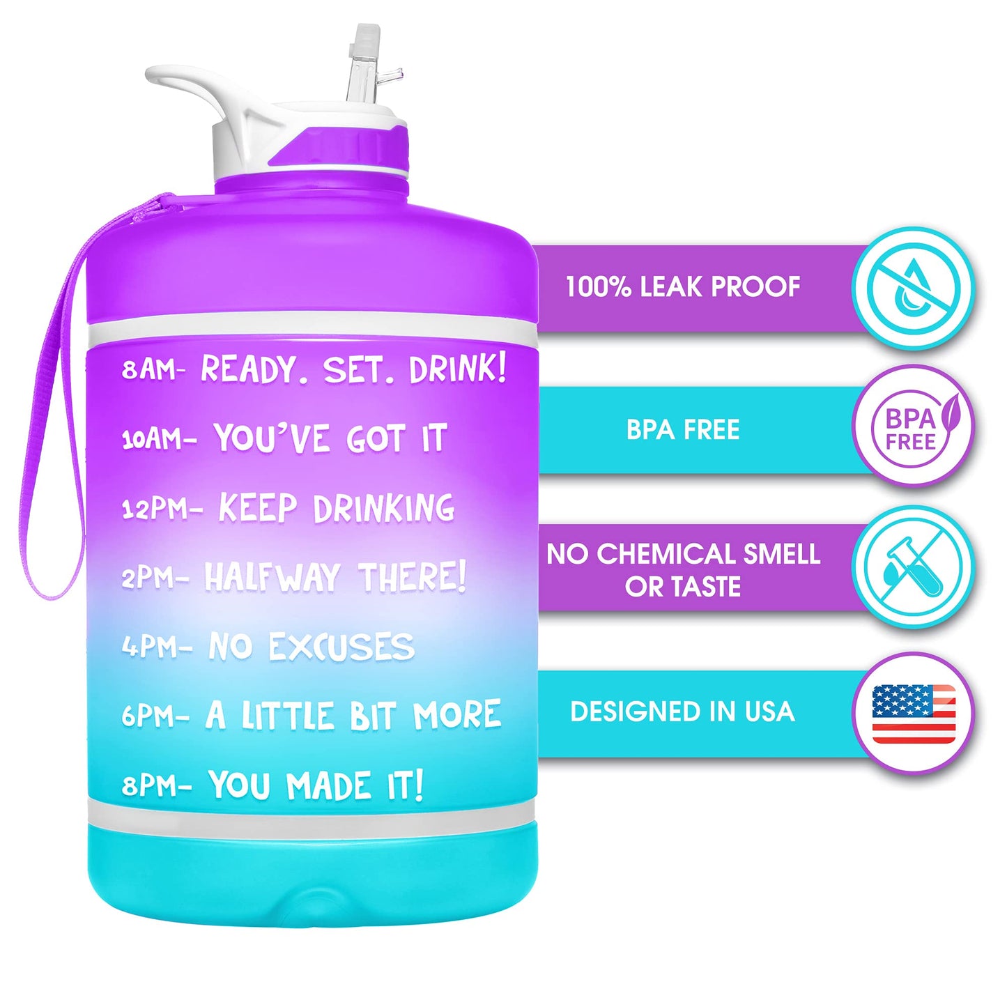 NatureWorks HydroMATE Gallon Water Bottle with Straw BPA FREE Leak Proof Reusable Water Bottle with Times to Drink Marked Hourly 128 oz