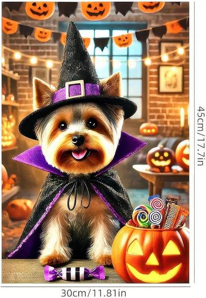 Happy Halloween Puppy Garden Flag Halloween Yorkie Flag for Outside Small 12x18 Double Sided,Fall Winter Witch Hat Dog Yard Flag Patio Room Garden Home Decor