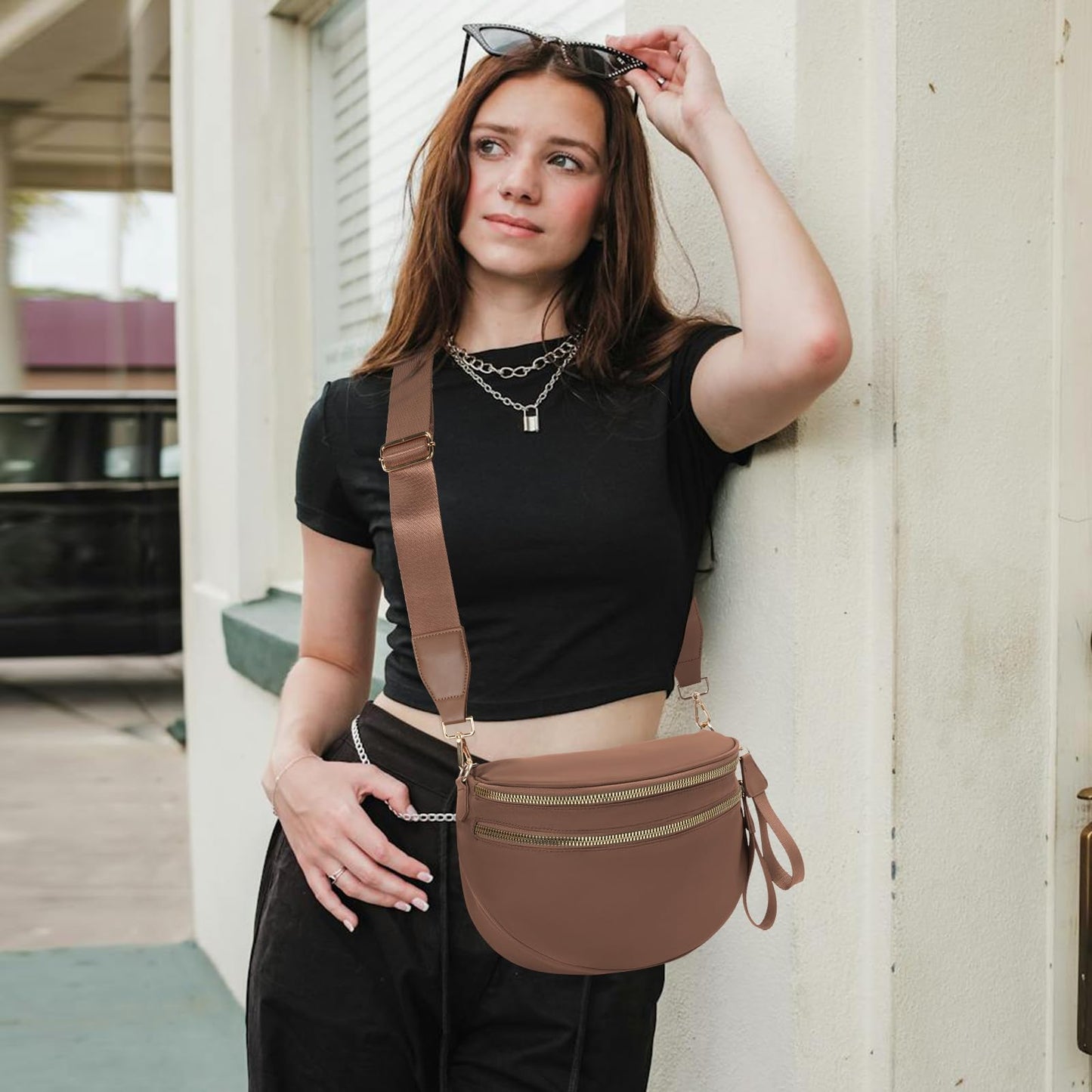 Nylon Crossbody Bags Bum Bag for Women Large Sling Bag Purse with Adjustable Strap（Black）
