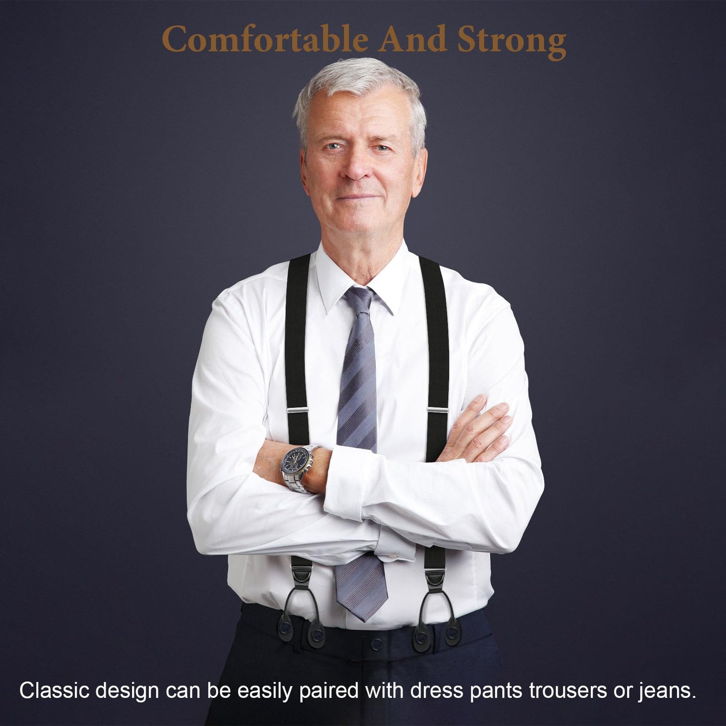 Button Suspenders for Men Y-Back 1.4 Inches Wide Leather Button End Elastic Adjustable Suspenders for Men Tuxedo Black Braces