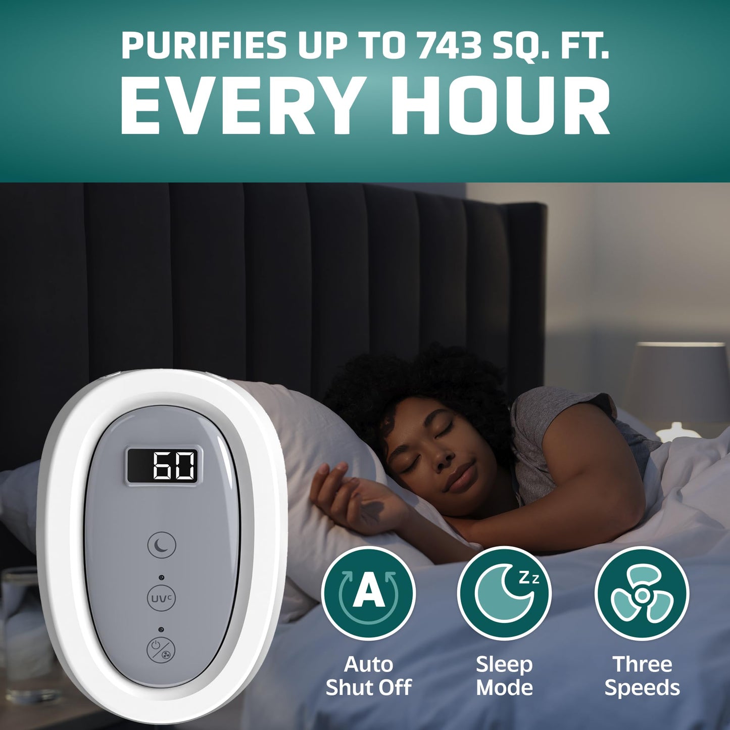 GermGuardian 4-In-1 HEPA Air Purifier for Home, Large Rooms Up To 743 Sq. Ft. with HEPA Air Filter, UV-C Light & Odor Reduction, AC4825E, 22" Tower, Gray