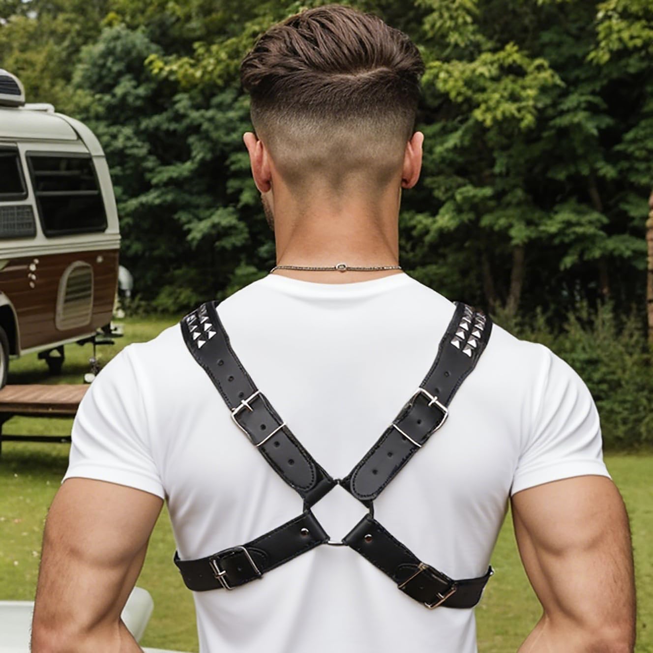 Men's X-Strap Chest Harness with Rivets, Adjustable PU Leather Body Harness Belt for Punk Cosplay, Muscle Show Clubwear Nightclub Stage Party Outfits X023