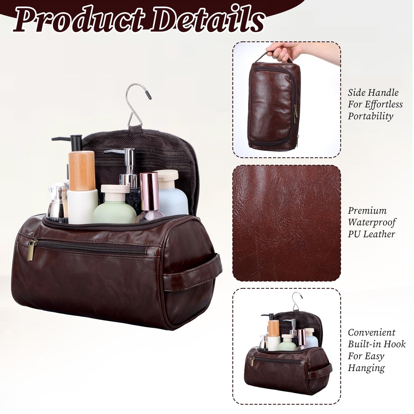 Giloaou 6 Pack Premium Groomsmen Toiletry Bags - PU Leather Travel Shaving Kit with Hook, Wedding Proposal Gift Set for Men, Father, Best Man (Dark Brown)