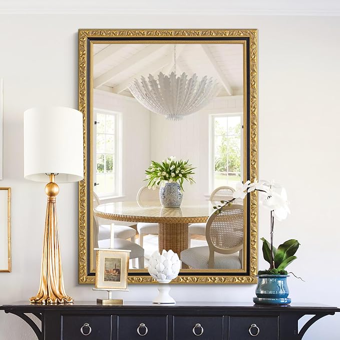 Vintage Black Gold Mirror, 40'' x 28'' Rectangular Antique Wall Mirrors with Ornate Wood Frame, Decorative Mirrors for Living Room, Bathroom, Bedroom, Entryway, Fireplace, Horizontal/Vertical