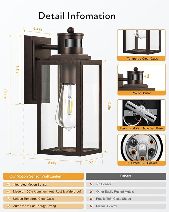 VIANIS 2 Pack Outdoor Wall Lantern, Motion Sensor Porch Light for Entryway, Oil Rubbed Bronze Dusk to Dawn Outdoor Garage Lighting Fixtures Wall Mount, Waterproof Exterior Front Door Sconce Lamps