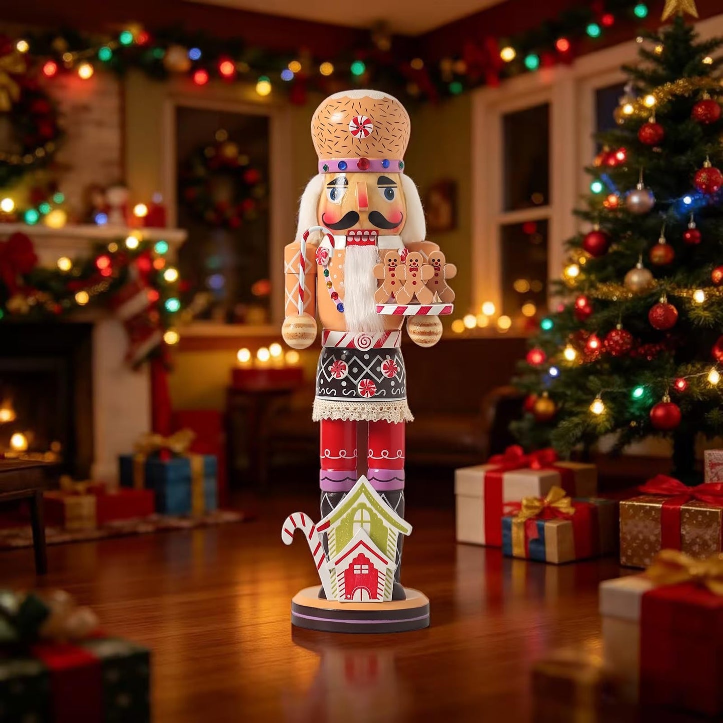 KoolShare 15-Inch Gingerbread Christmas Nutcracker, Wooden Baker Figurine with Cupcake Hat, Tray of Gingerbread Men & Candy House Base, Handcrafted Candy Land Decor for Holiday Mantel or Tabletop