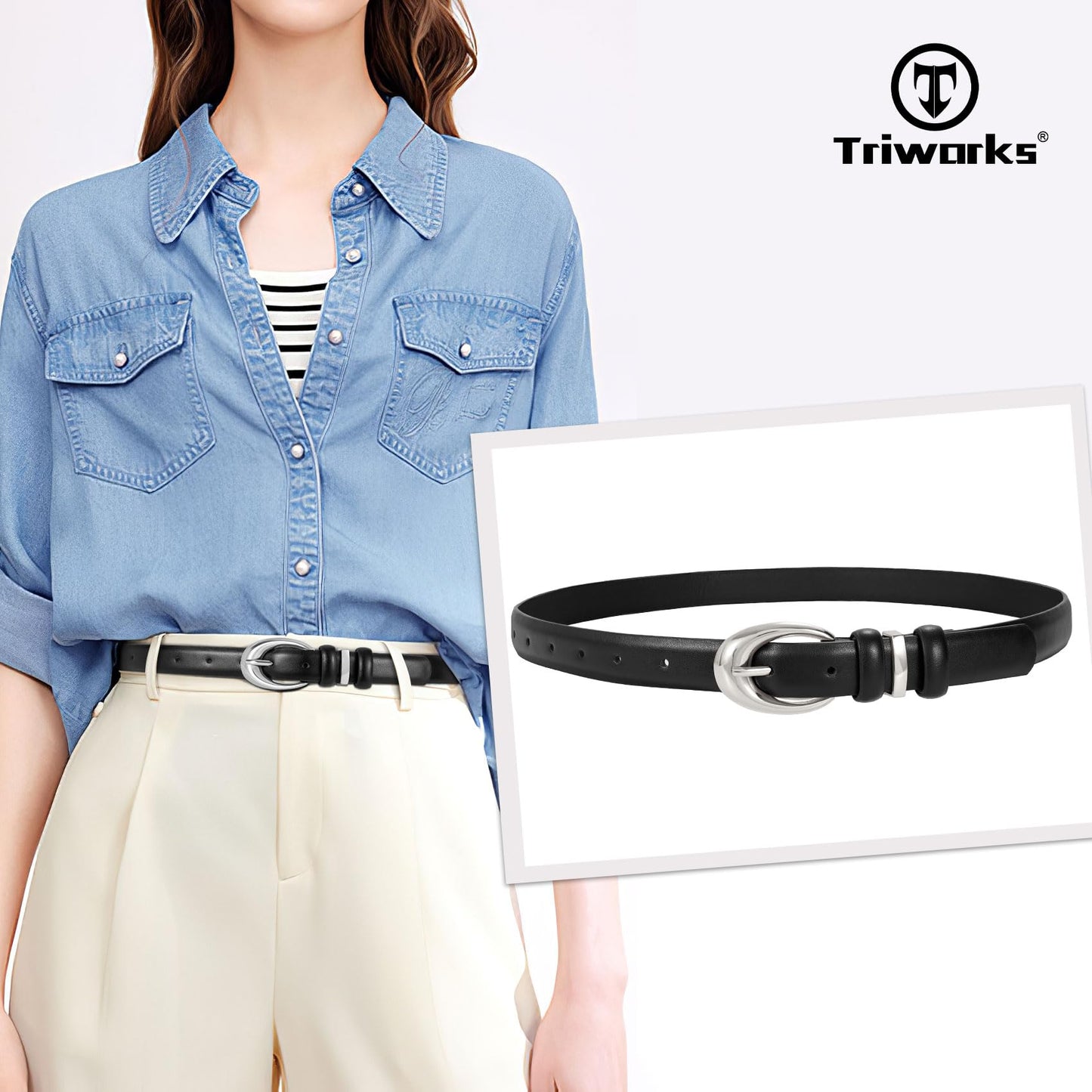 TRIWORKS 2 Pack Women Leather Belt for Jeans Pants Fashion Ladies Skinny Faux Leather Belt with Silver Buckle