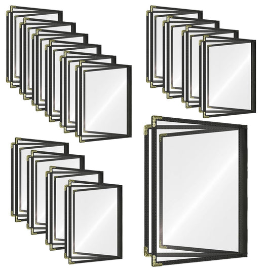Menu Covers Restaurant 8.5x11 Inch - 15-Pack Black Leather-Style Waterproof Holders with 3-Pocket Side-Loading Sleeves & Gold Corners for Upscale Dining