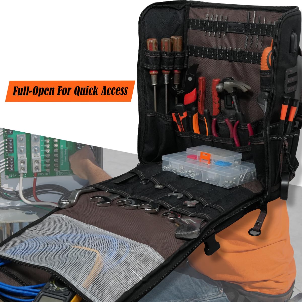 WELKINLAND 46-Pockets Electrician Backpack, Full-Open Tool Backpacks, Heavy Duty Tools Backpack, Waterproof Waxed-Canvas Tool Backpacks, HVAC, Mechanics Tools Bag