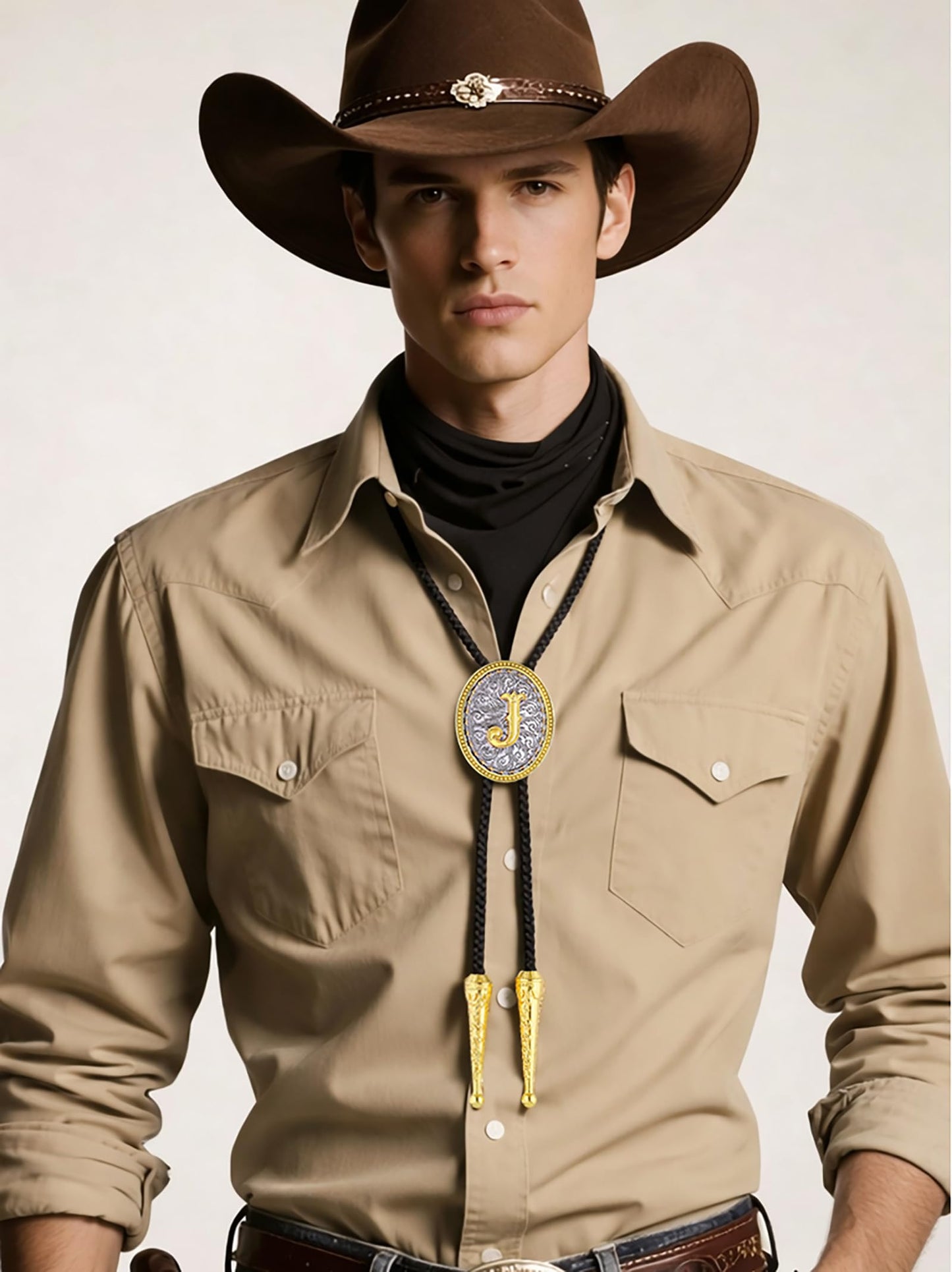 GelConnie Gold Bolo Tie Cowboy Necklace for Men Leather Rodeo Necktie Initial Letter ABCDMJR to Z Western Bolo Tie Texas Style Jewelry