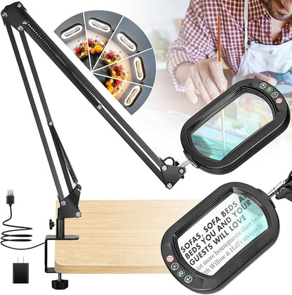 10X Rectangle Magnifying Glass with Light and Clamp, 2*16 Inch Large Swivel Arm LED Desk Lamp, 5 Color Modes Brightness Steepless Dimming, Hands Free Lighted Magnifier Stand for Craft Reading Painting