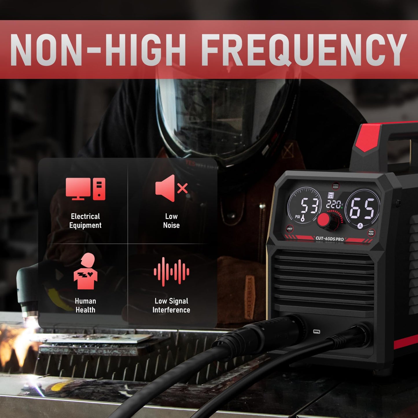 YESWELDER Plasma Cutter 65Amp Non-High Frequency Non-Touch Pilot Arc, Digital Display DC Inverter 110/220V Dual Voltage Blowback Plasma Cutting Machine CUT-65DS PRO