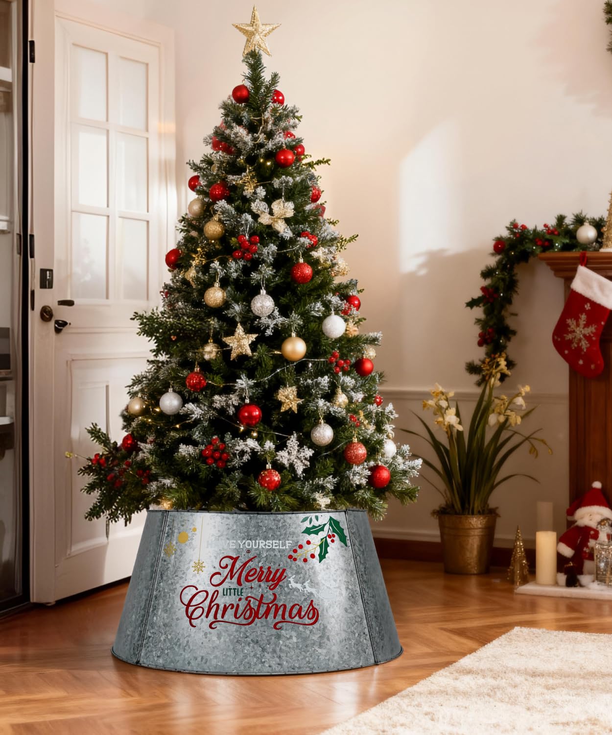 Putuo Decor Galvanized Christmas Tree Collar for 6-7.5 Ft Trees Metal Adjustable Stand Cover with Printed Merry Christmas Farmhouse Decor for Artificial Trees, 27 in Silver