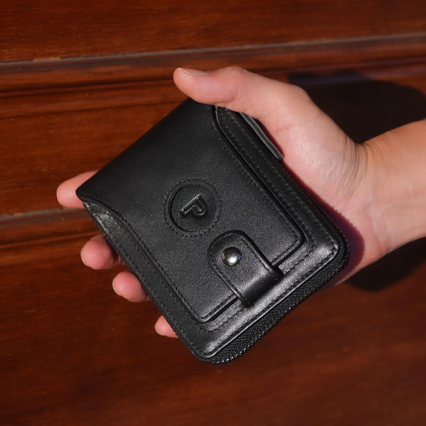 Polare Napa Leather Wallet for Men Bifold RFID Blocking Cash Credit Card Case with Air Tag Slot and YKK Zip Coin Pocket (Black with AirTag Slot)
