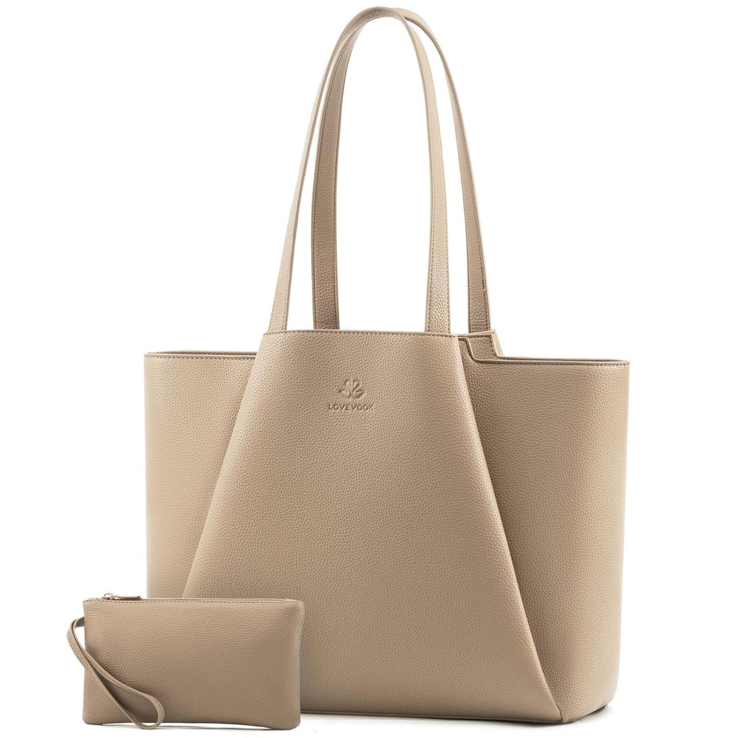 LOVEVOOK Laptop Tote for Women - 15.6 Inch Faux Leather Laptop Bag with Clutch, Large Capacity Office Purse Computer Briefcase for Casual Business Travel,Sandy