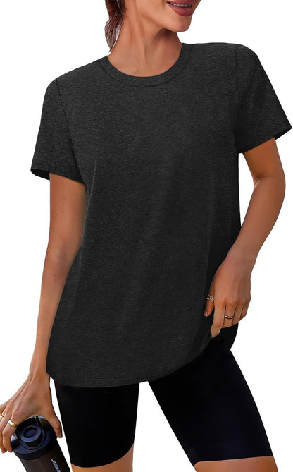 NIASHOT Womens T Shirts Pilates Outfits for Women Summer Women's Clothing Athletic Tops Athletic Gym Loose Fit Breathable Activewear Moisture Wicking Tshirts Black M