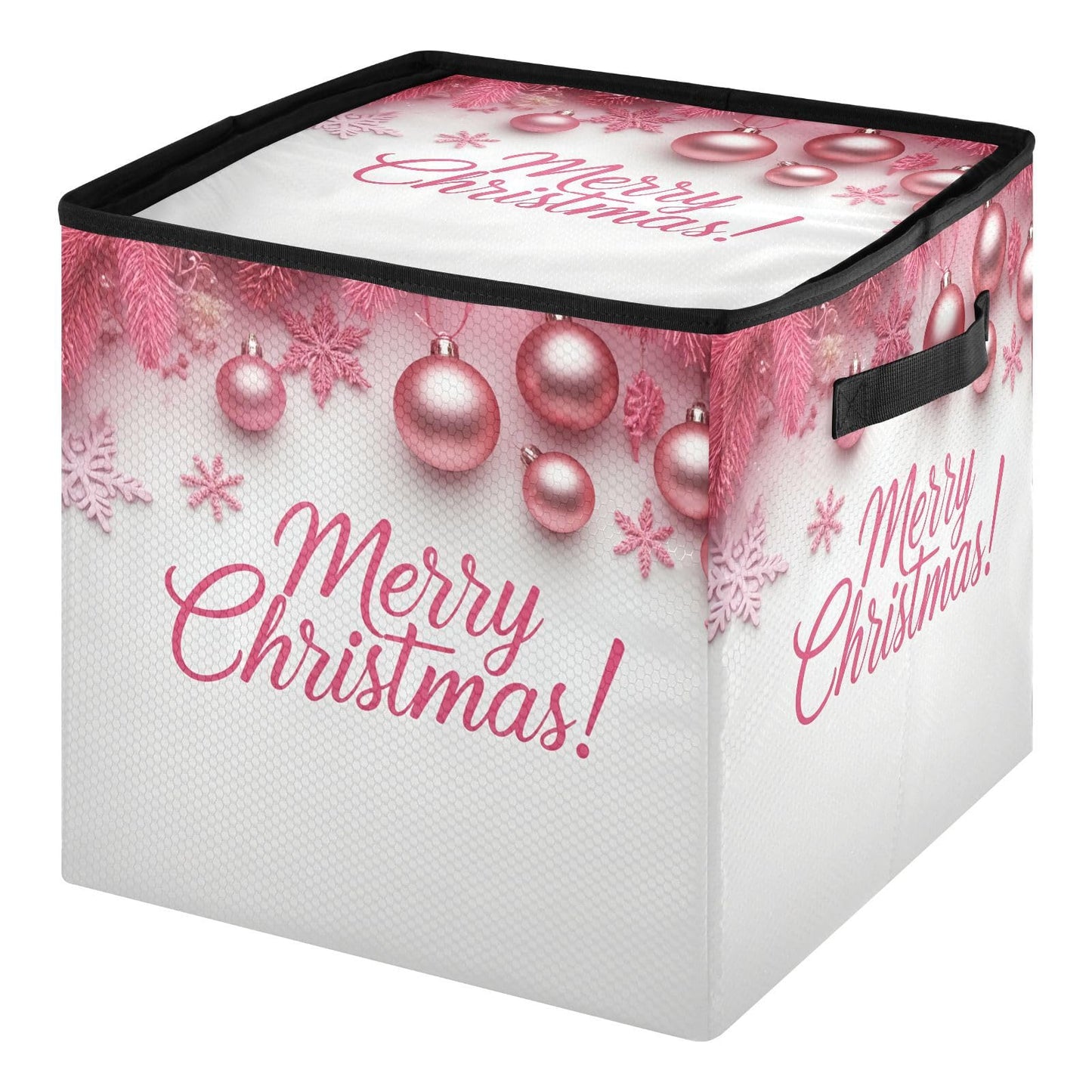Gravopti Merry Christmas Pink Christmas Ornament Storage Box with Dividers, Holds up to 64-3" Holiday Ornaments, Collapsible Xmas Decoration Container with Lid & Handles, 13x13 Inch