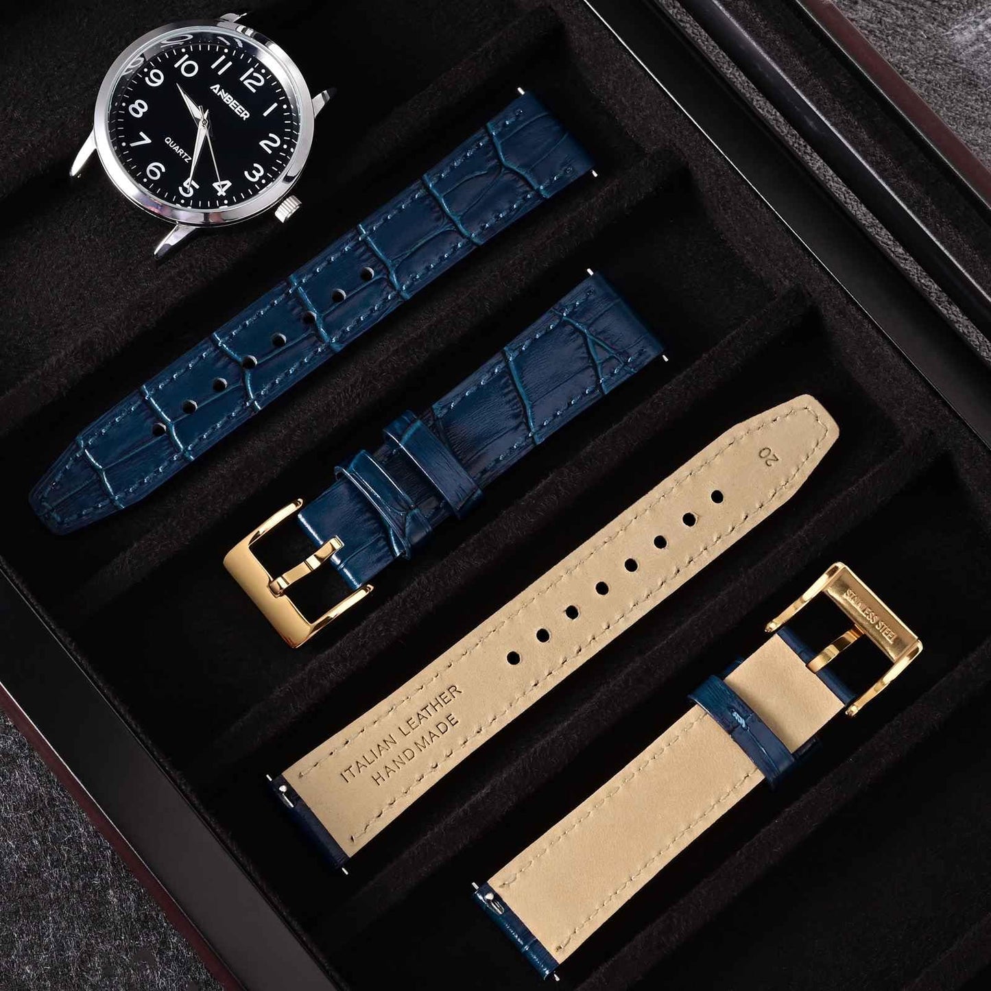 ANBEER 18mm Italian Alligator Grain Embossed Pattern Leather Watch Strap,Quick Release Calfskin Replacement Watch Band for Men Women,Dark Blue with Gold Buckle