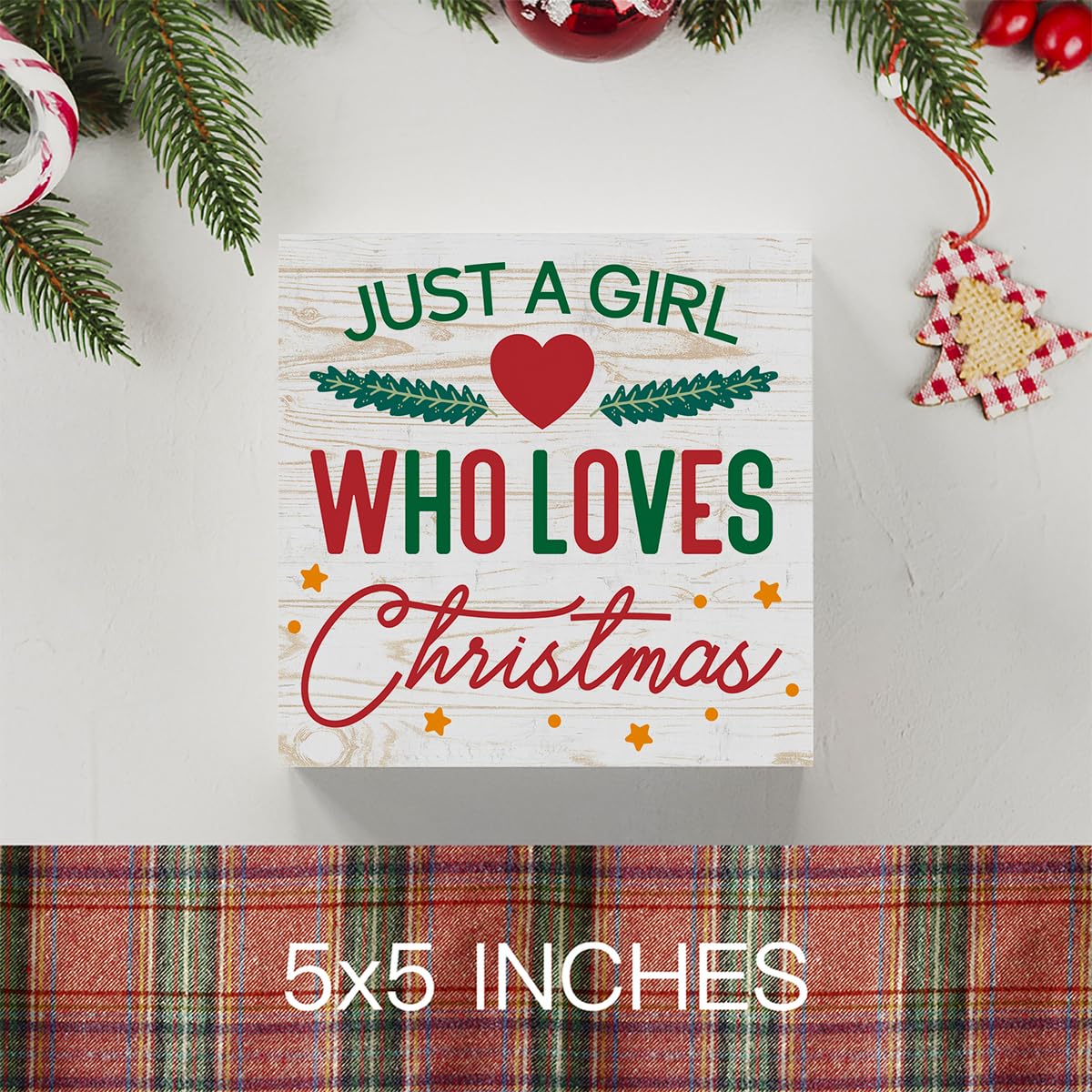 Rustic Just A Girl Who Loves Christmas Tree Wood Box Sign, Farmhouse Christmas Santa Artwork Decor, Wood Square Sign Desk Block Signs Home Shelf Office Decoration 5 x 5 Inches