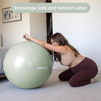 BABYGO Birthing Ball - Pregnancy Yoga Labor & Exercise Ball & Book Set Trimester Targeting, Maternity Physio, Birth & Recovery Plan Included Anti Burst Eco Friendly (Sage, 75cm - Electric)