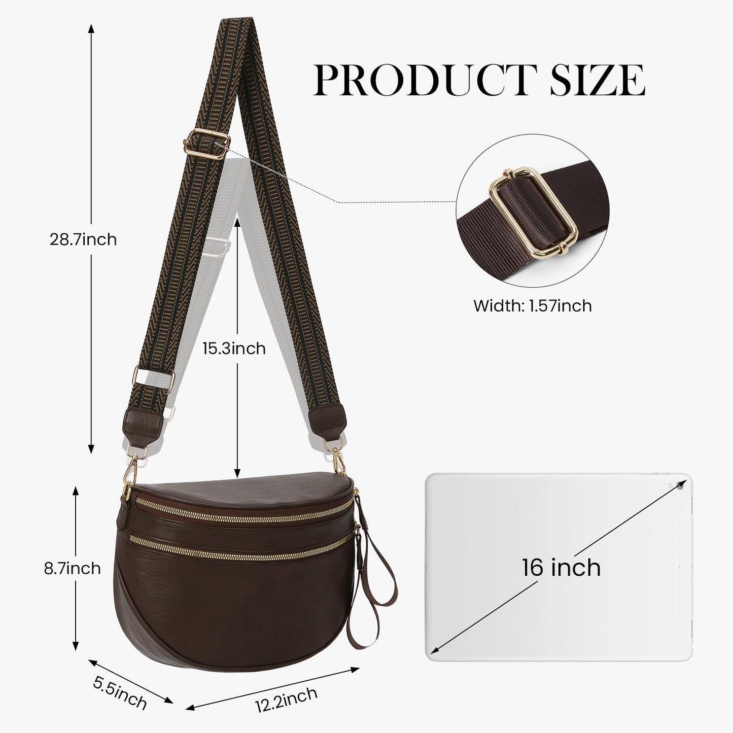 Leather Crossbody Fanny Pack Trendy Bum Bag Double Zip Multi Compartment with 2 Adjustable Straps Daily Belt Purse for Women