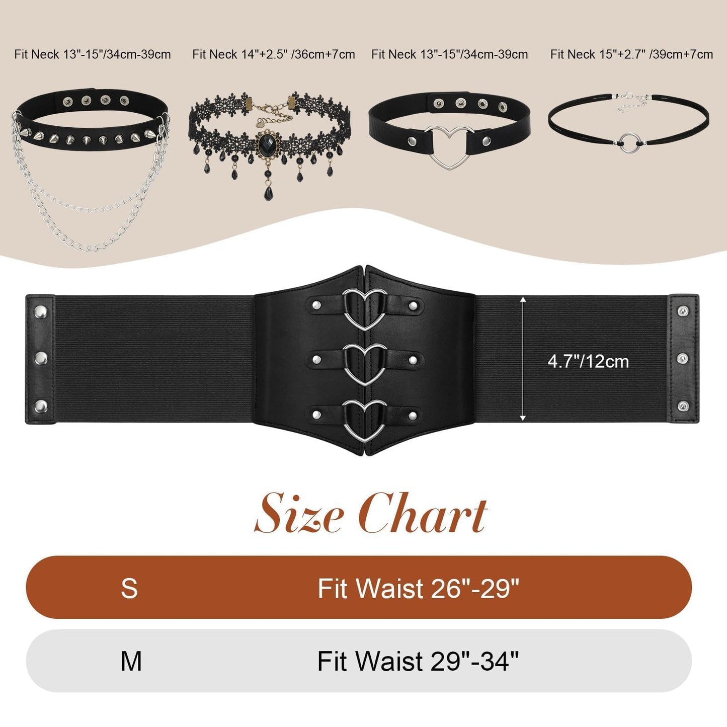 JKEEMI Women Corset Belt With Black Choker Set，Heart-Ring Wide Elastic Waist Goth Leather Corset for Daily Cosplay Halloween Costume Gifts
