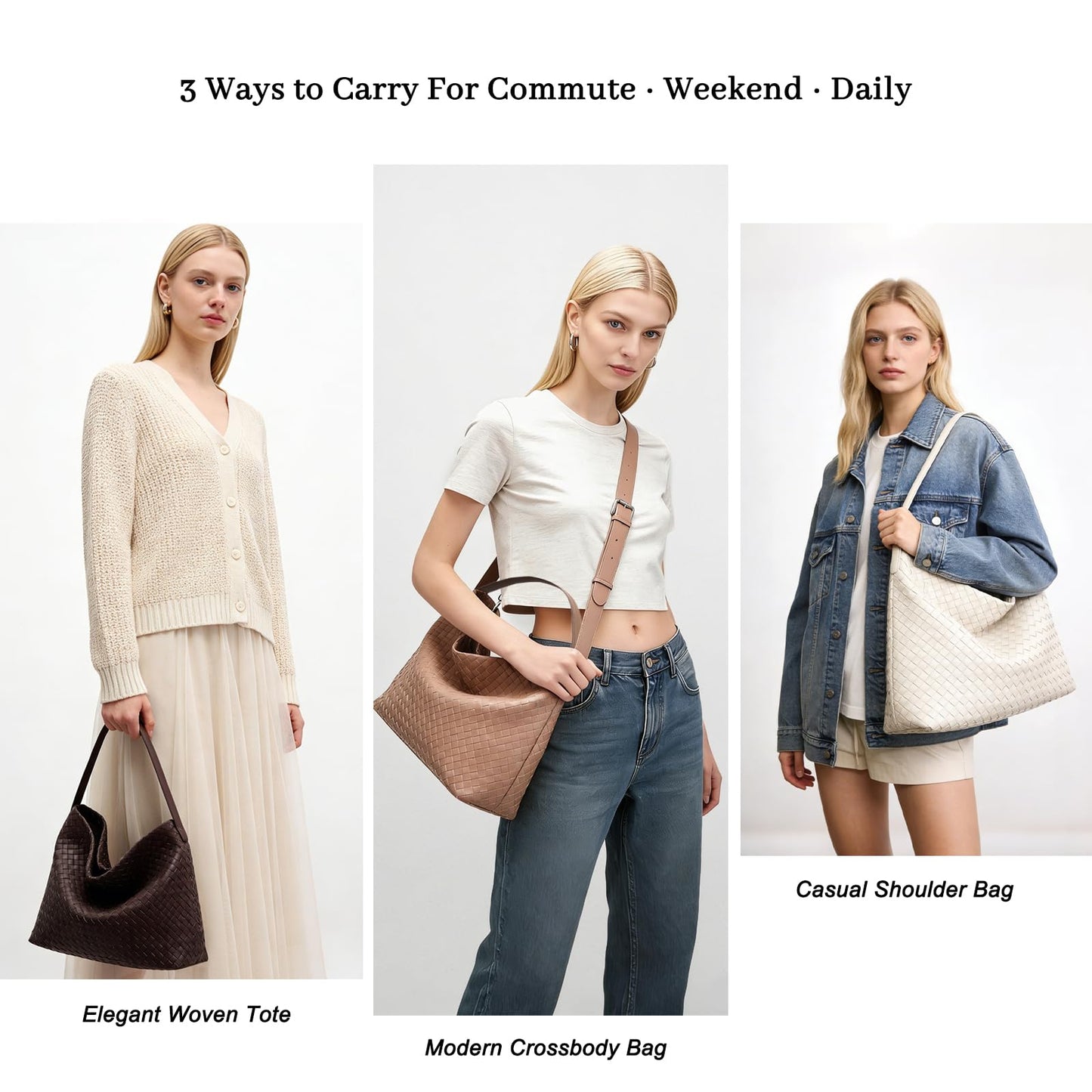 Woven Tote Womens Shoulder Handbags: Vegan Leather Crossbody Bag - Elegant Satchel Purse for Travel - Daily Bucket Bags (Khaki)