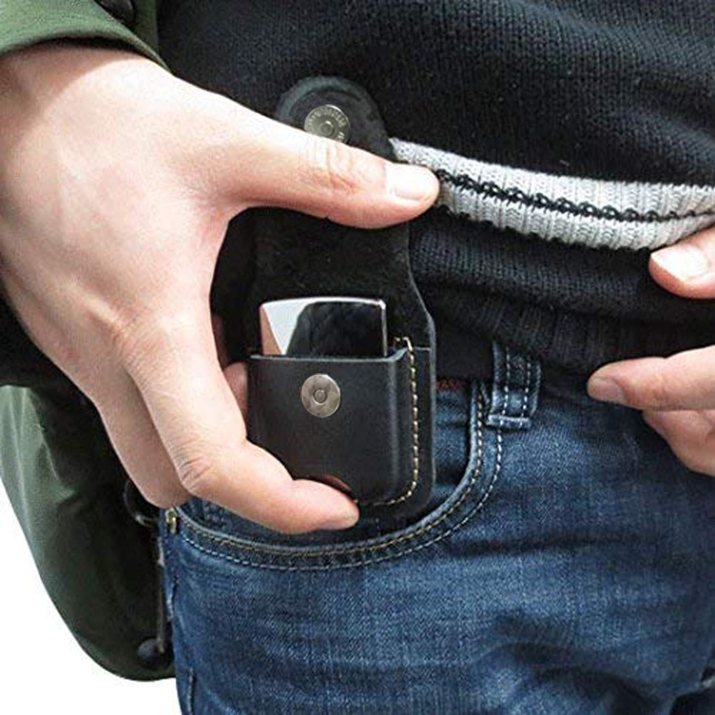 Handmade Fliptop Leather Lighter Pouch Holder Case with Pocket Belt Loop (Lion-Black)