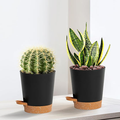 4 inch Small Plant Pots for Outdoor Indoor Plants, 5 Pack Planters with Drainage Holes and Tray, Small Self Watering Pots for Succulent,Cactus, Aloe and Other Plants (Black)