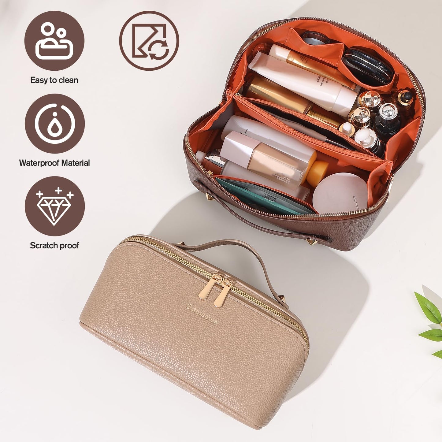 Cuteseason PU Leather Makeup Bag for Women, Structured Makeup Case with Wide Opening, Travel Cosmetic Bag with Compartments and Handle, Water-Resistant Makeup Organizer(Brown, Lychee Grain)