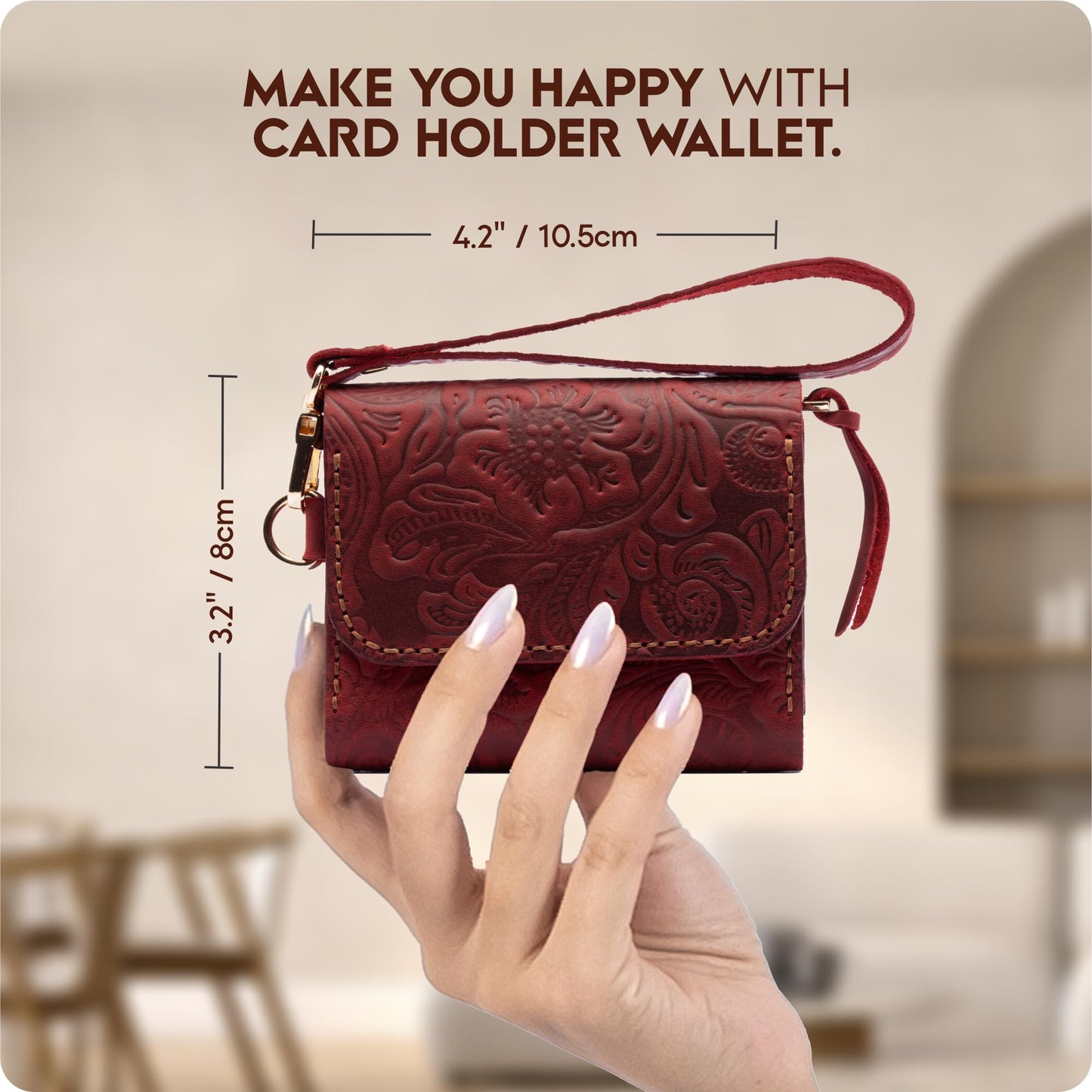 Toros Craft Handmade Wristlet Wallets for Women, Western Leather Small Credit Card Holder with Zipper, Minimalist & Cute Coin Pouch, Genuine Leather, Red