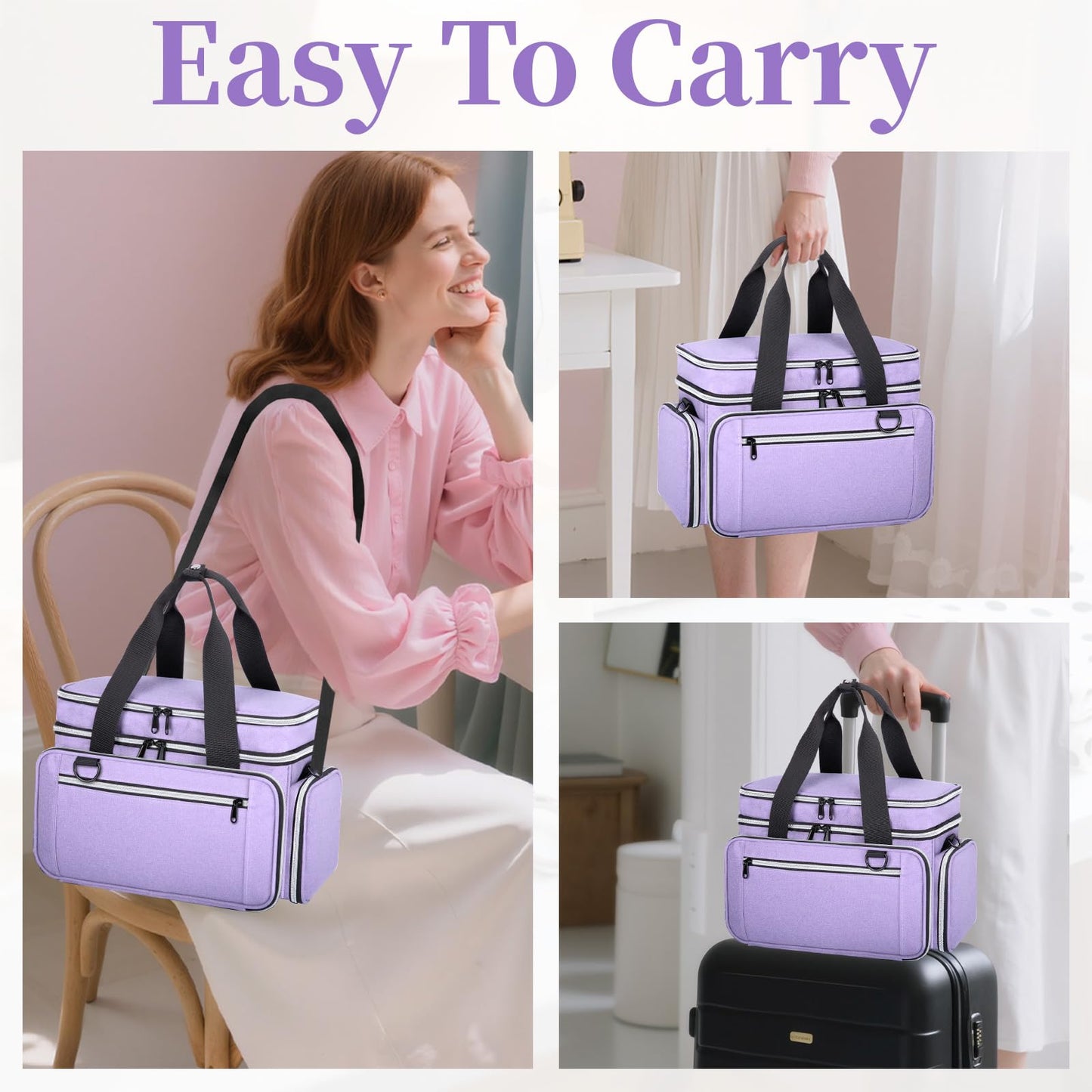 Anitor Large Sewing Supplies Organizer, Double Layer Sewing Storage Organizer with Two Detachable Dividers, Travel Sewing Bag Organizer with Shoulder Strap for Accessories, Pale Purple, (Bag Only)