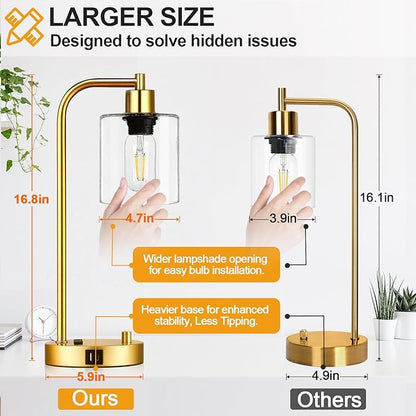 Set of 2 Industrial Table Lamps with USB Port, Gold Fully Stepless Dimmable Bedside Lamps for bedrooms, Nightstand Desk Lamp with Clear Glass Shade for Reading Living Room Office 2 LED Bulb