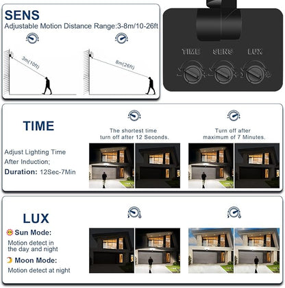 EMANER Outdoor Flood Lights Motion Sensor, Dusk to Dawn & Detection Adjust, Outside LED Security Lights 4500lm 120V, 5000K 3-Head Frosted Lens, Wall Lights for Patio/Driveway/Yard, (2-Pack, Black)