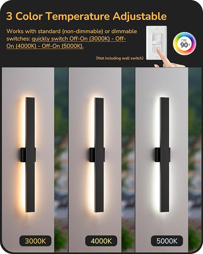 EDISHINE 31in LED Outdoor Wall Lights, 3CCT & 10%-100% Dimmable, IP65 Waterproof, Modern Exterior Lighting Fixtures, Long Exterior Wall Lights for Garage, Front Door, 2 Pack, Black