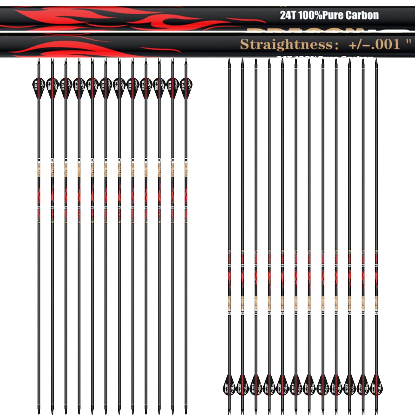 Sanlida Dragon 10 100% Pure Carbon Hunting Arrows for Compound Bow, Olympic-Grade 10-Spine Precision, ±0.001" Straightness, 32" Carbon Arrows, 24 Pack (310 Spine)