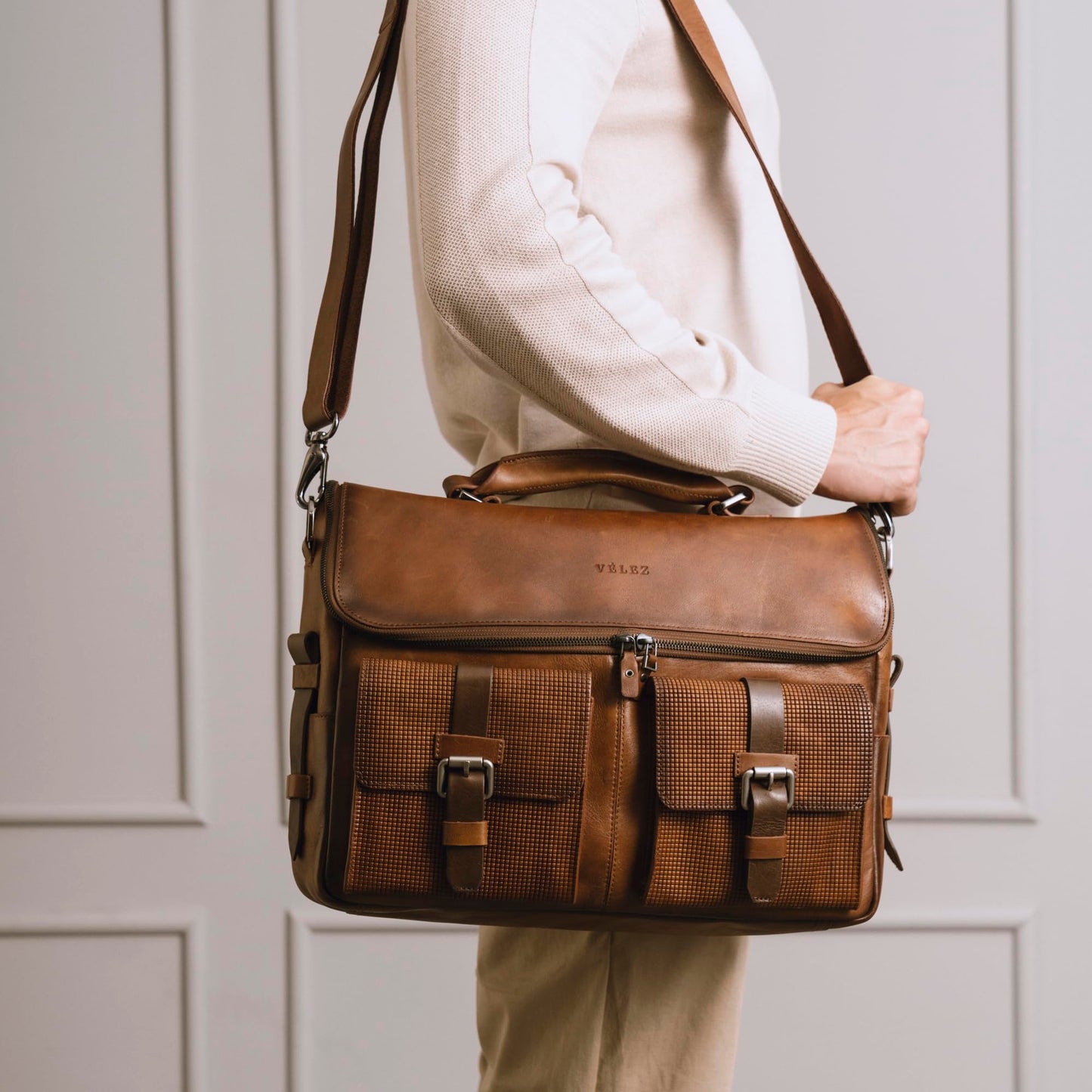 VELEZ Tan Full Grain Leather Messenger Bag for Men - 15" Laptop Briefcase - Mens Vintage Business Crossbody Computer Bags