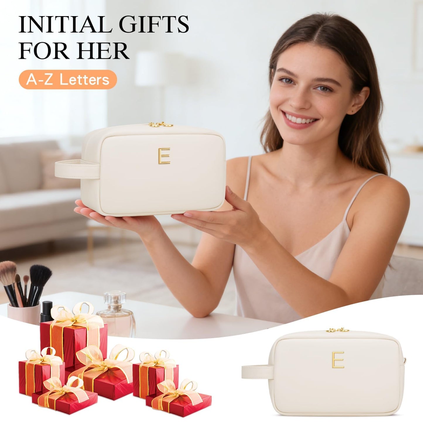CLOUDWINGS Personalized Gifts for Women Girls - Customized Gifts for Mom Bridesmaid Graduation Friend, Initial Makeup Bag Cosmetic Bag with Large Capacity, PU leather Travel Toiletry Bags (Beige, E)