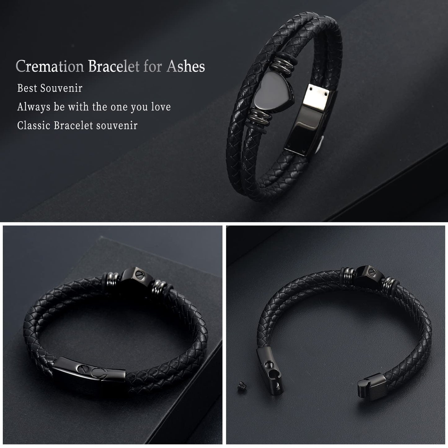 memorial jewelry Cremation Bracelet with Clasp Beads Cowhide Multi-Layer Braided Leather Urn Bracelet for Men Women (2PCS, 20cm/7.87in)